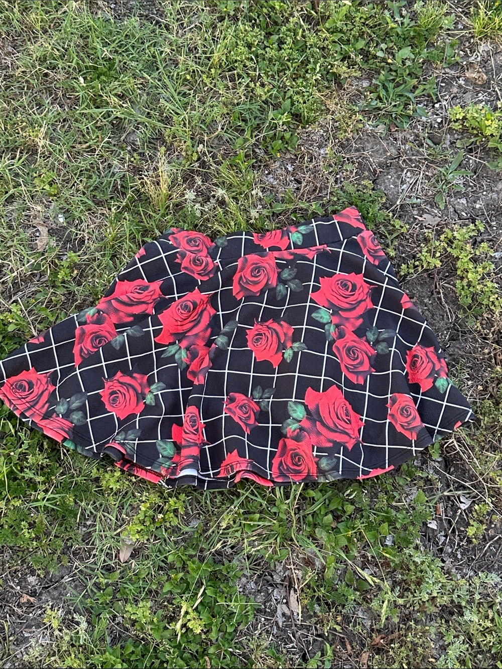 Floral Grid A-Line Skirt - Red Rose Print